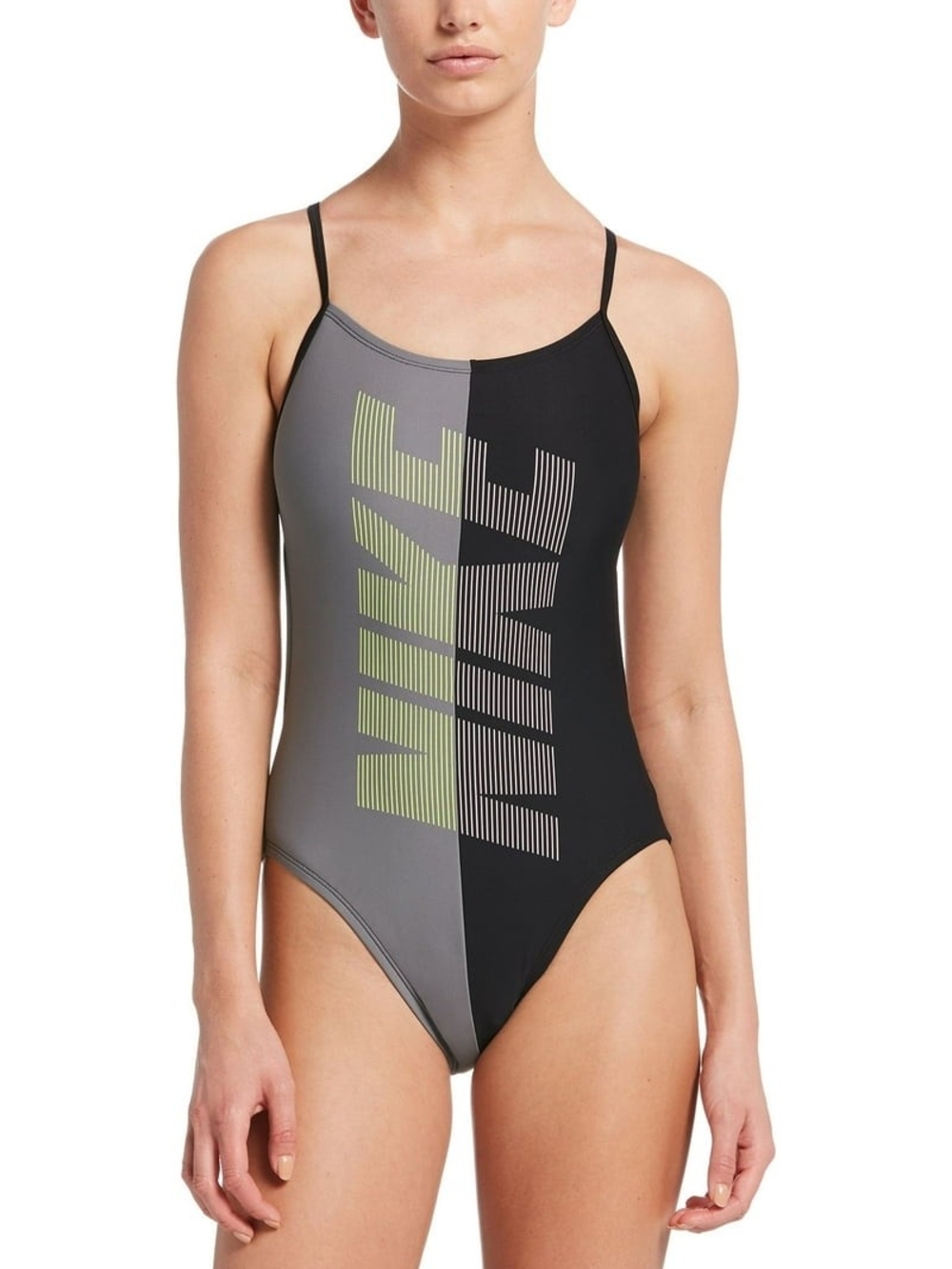 Nike Gray and Black One-Piece Swim Suit with Lime Logo
